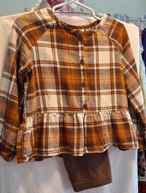 The Children's Place Brown and Cream Plaid Peplum Button-Down/Brown Legging.